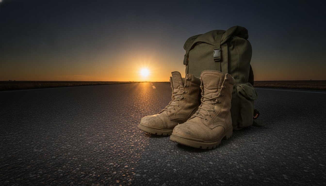Sunrise over a long straight road, boots ready