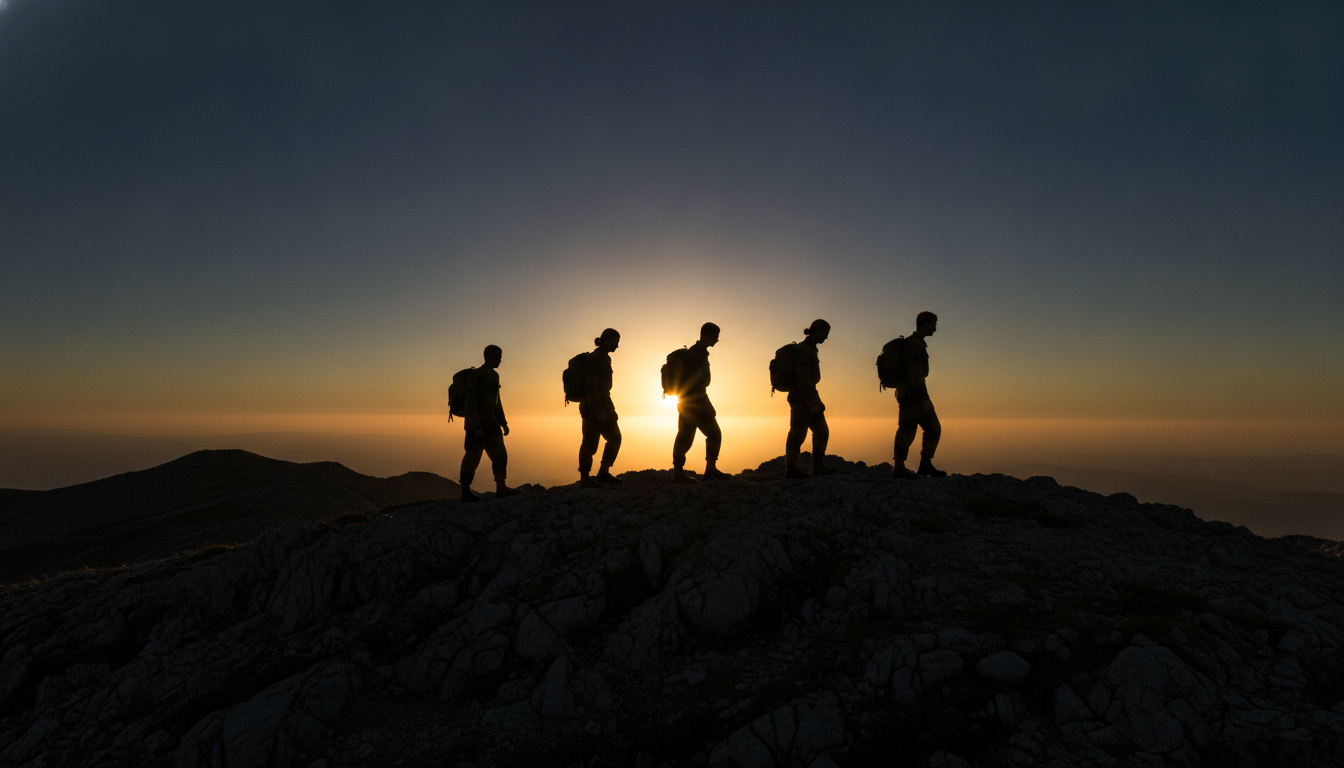 Recruits silhouetted on a ridge at dawn