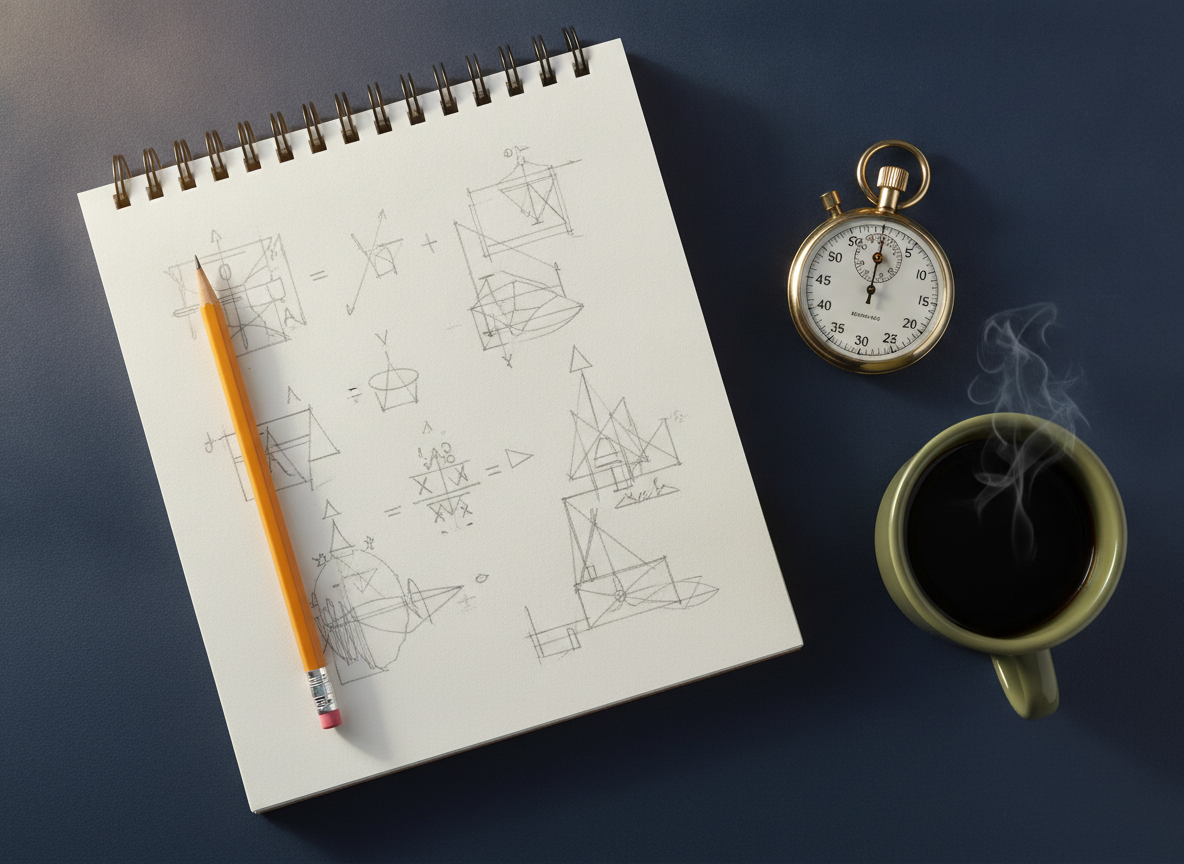Study desk with practice test notes, pencil and stopwatch