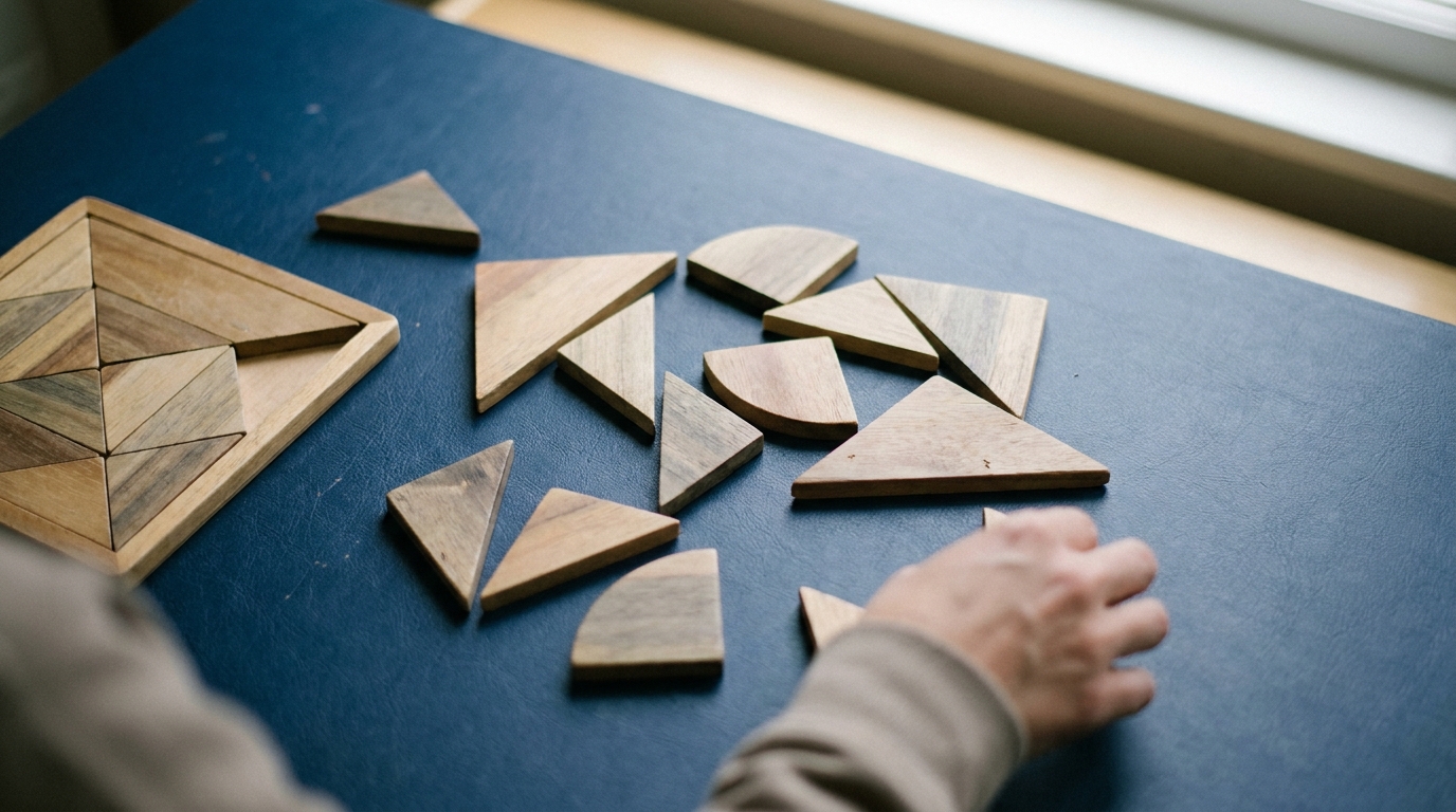Wooden puzzle shapes scattered on a table
