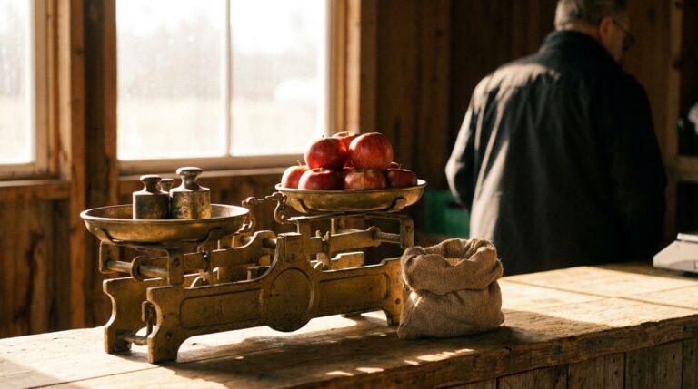 Brass balance scale with apples on a wooden counter