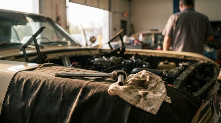Socket wrench resting on the fender of an open engine bay