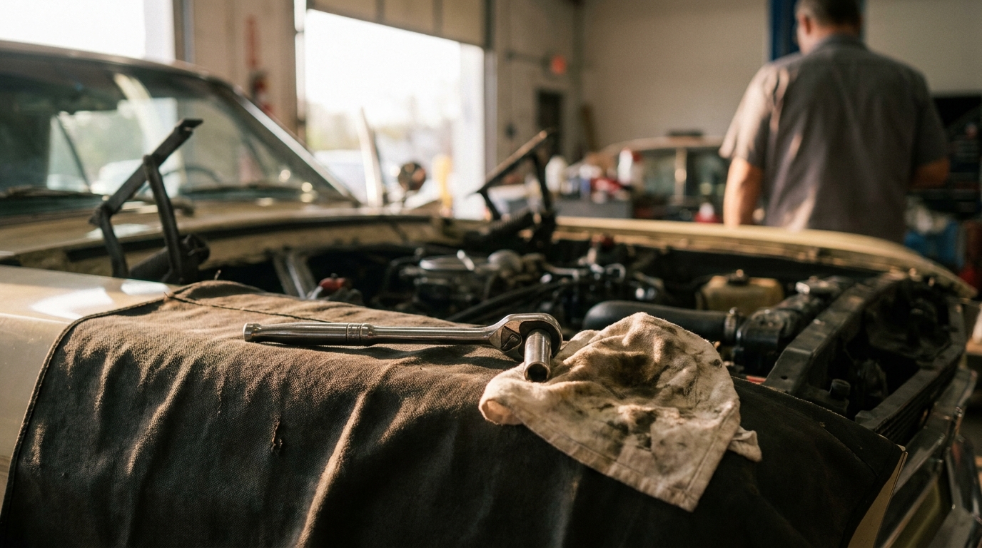 Socket wrench resting on the fender of an open engine bay