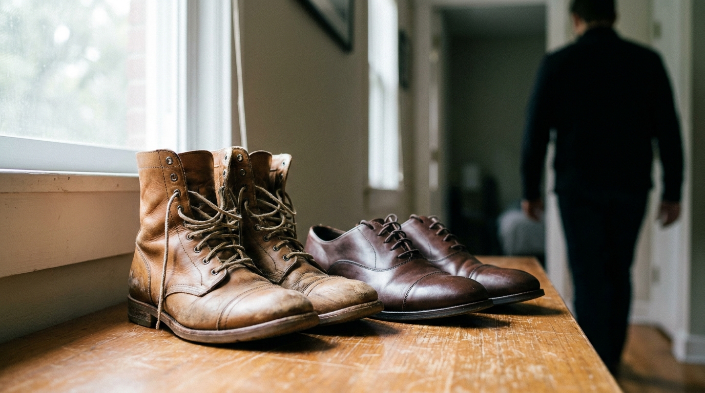 Combat boots beside polished dress shoes on a wooden floor