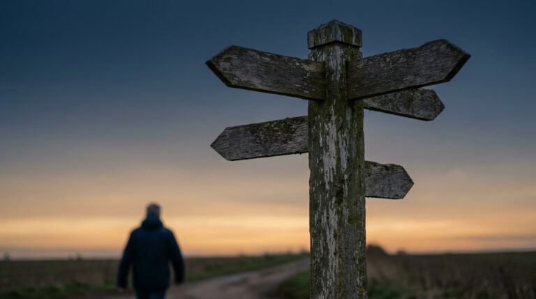 Silhouetted signpost at a crossroads at dawn