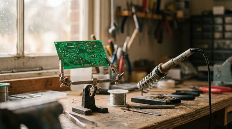 Soldering iron and circuit board on an electronics bench