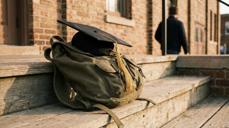 Graduation cap resting on an olive rucksack