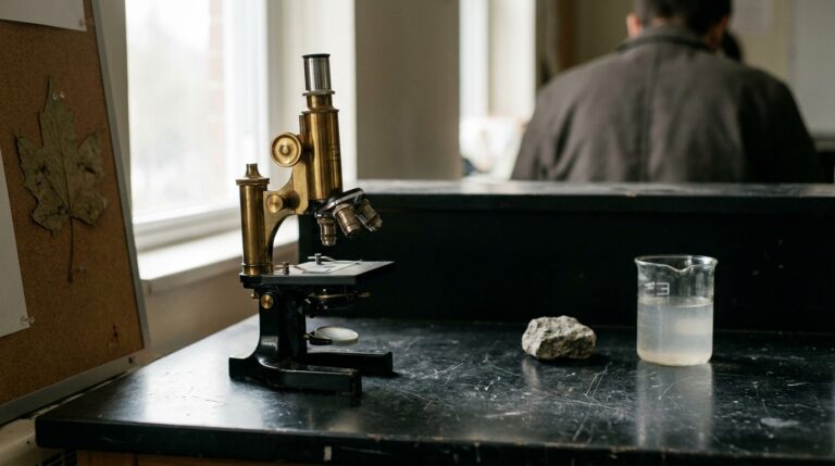 Microscope and natural specimens on a lab bench