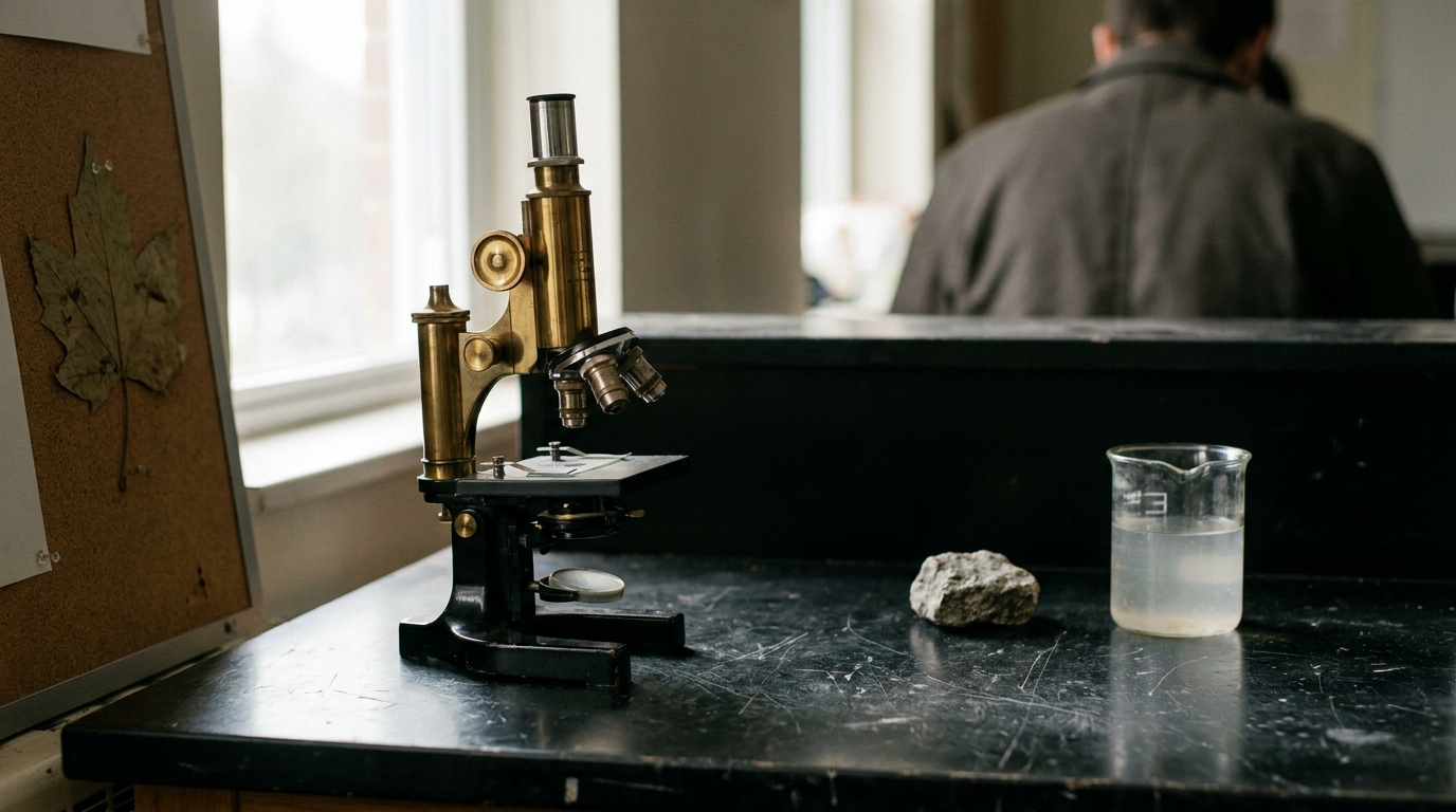 Microscope and natural specimens on a lab bench