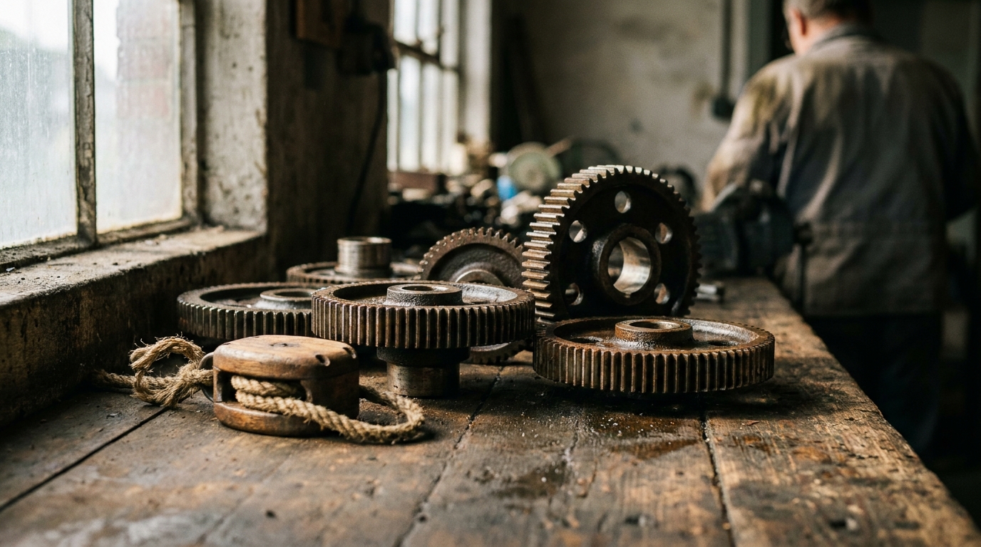 Old cast iron gears and a pulley on a workbench
