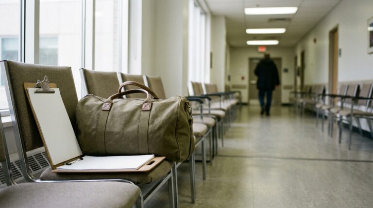 Duffel bag and clipboard on a chair in a plain waiting hallway