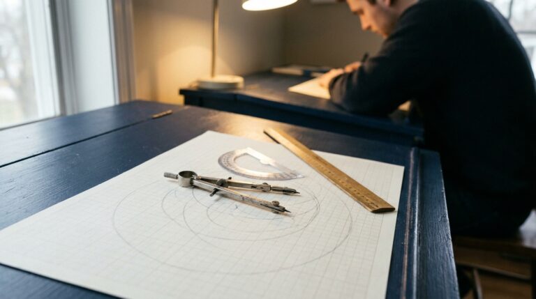 Compass, protractor and ruler on graph paper