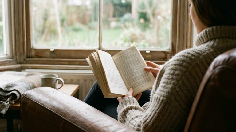 Person reading a book in an armchair by a window