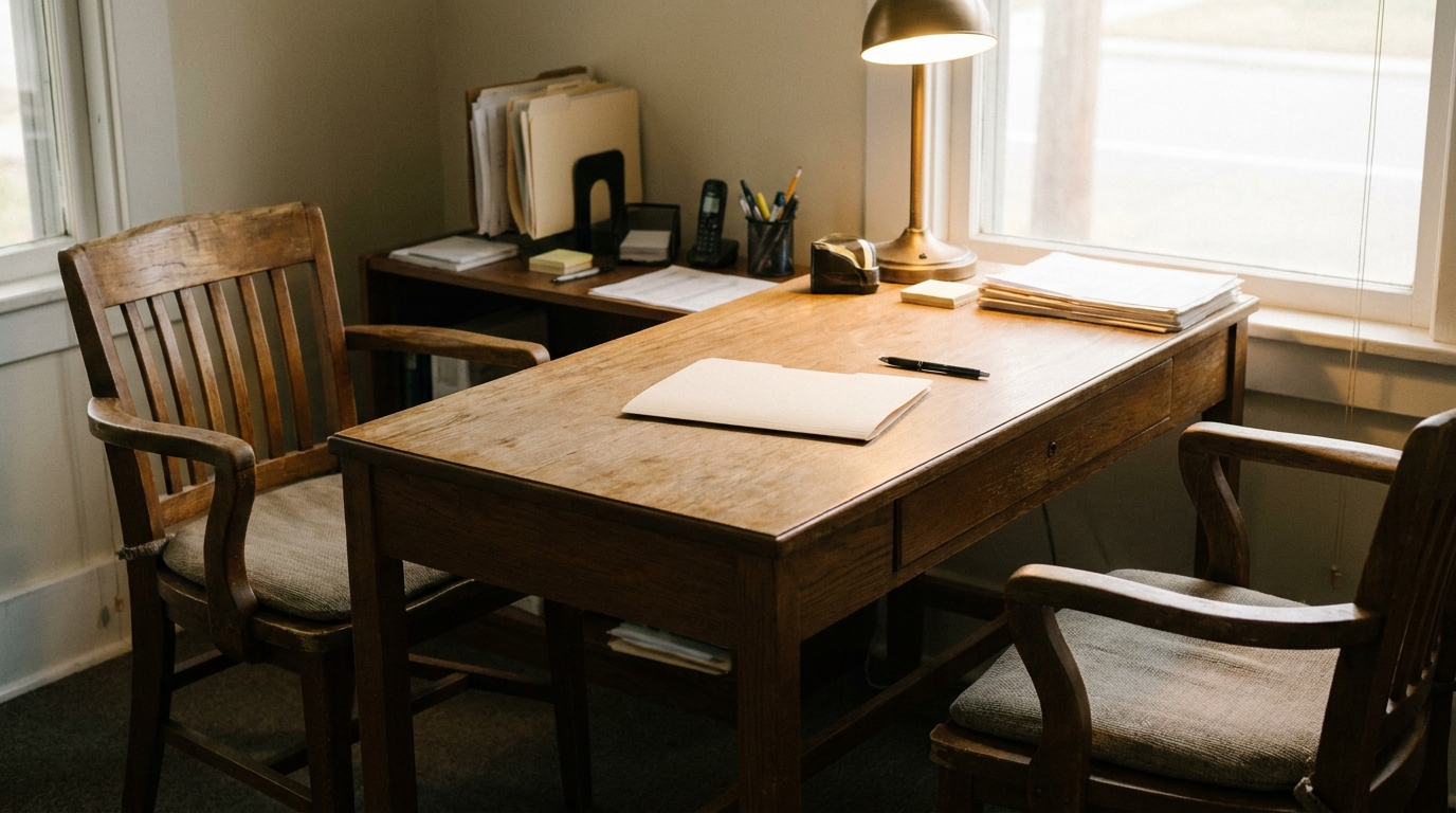 Two chairs facing each other across an office desk