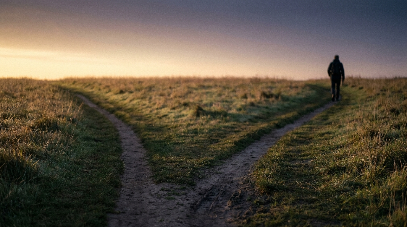 Two diverging trails in an open field at sunrise