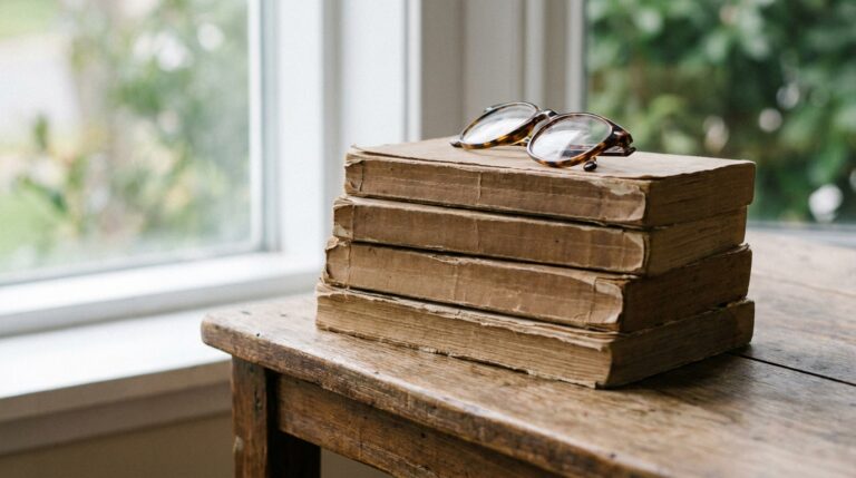 Stack of worn paperback books with reading glasses