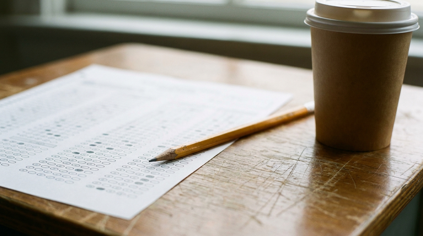 Pencil resting on a blank answer sheet