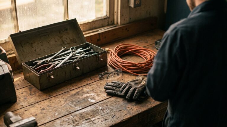Well-used tools laid out on a workshop bench