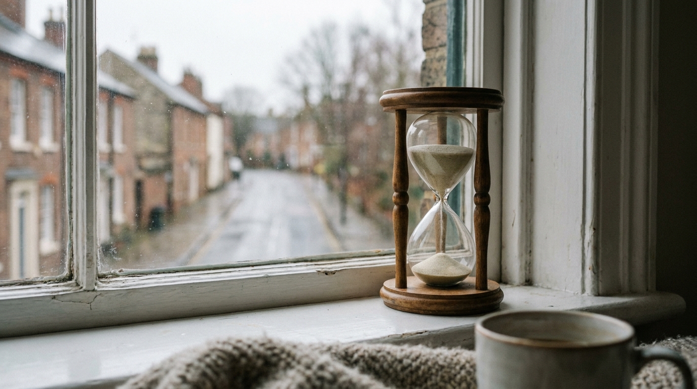 Hourglass on a windowsill in soft light