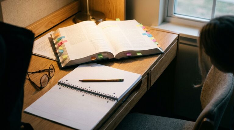 Study desk with open books, notebook and sticky tabs