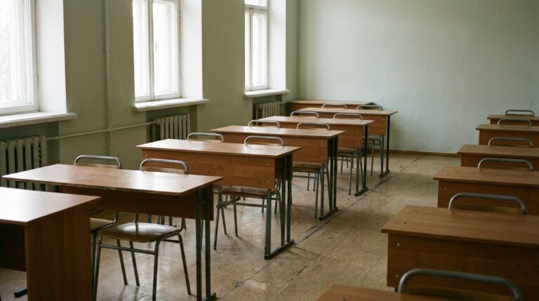 Quiet testing room with rows of empty desks